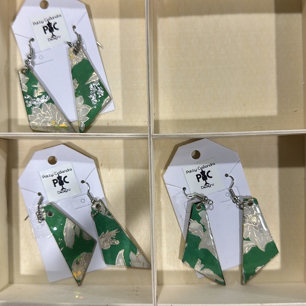 Green and Gold triangular earrings